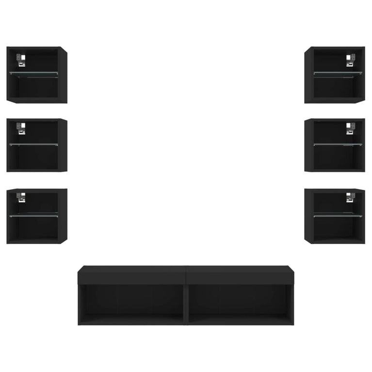8-delige Tv-wandmeubelset met LED bewerkt hout zwart