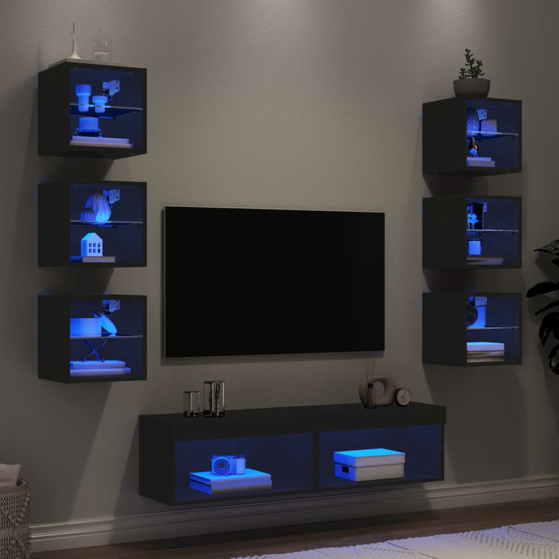 8-delige Tv-wandmeubelset met LED bewerkt hout zwart