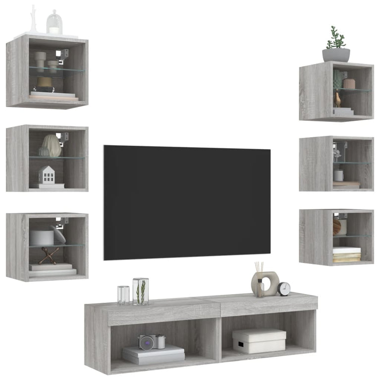 8-delige Tv-wandmeubelset met LED bewerkt hout grijs sonoma