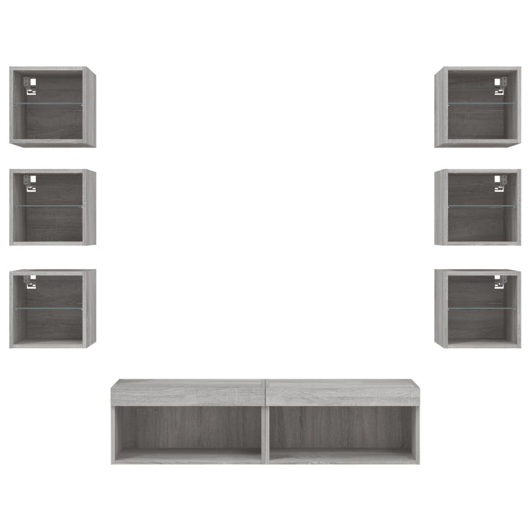 8-delige Tv-wandmeubelset met LED bewerkt hout grijs sonoma