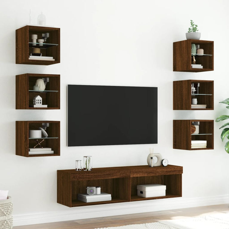 8-delige Tv-wandmeubelset met LED bewerkt hout bruineikenkleur