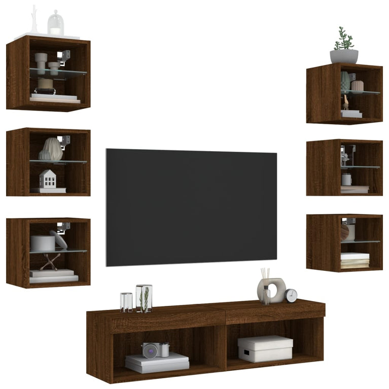 8-delige Tv-wandmeubelset met LED bewerkt hout bruineikenkleur