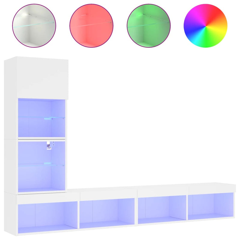 4-delige Tv-wandmeubelset met LED-verlichting bewerkt hout wit