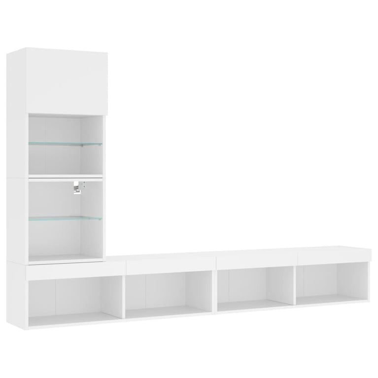 4-delige Tv-wandmeubelset met LED-verlichting bewerkt hout wit
