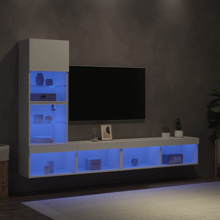 4-delige Tv-wandmeubelset met LED-verlichting bewerkt hout wit