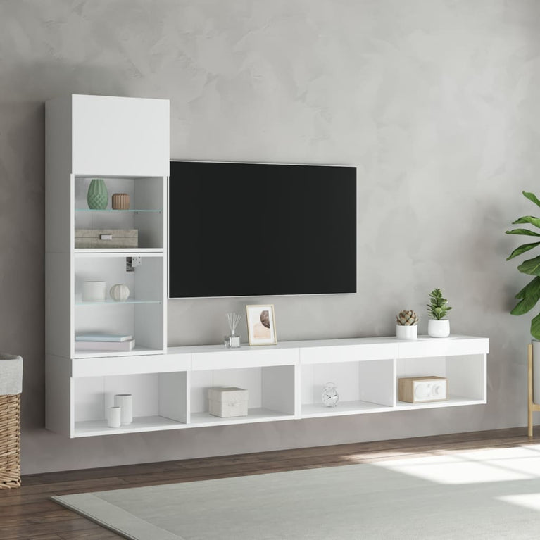 4-delige Tv-wandmeubelset met LED-verlichting bewerkt hout wit