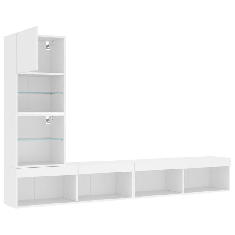 4-delige Tv-wandmeubelset met LED-verlichting bewerkt hout wit