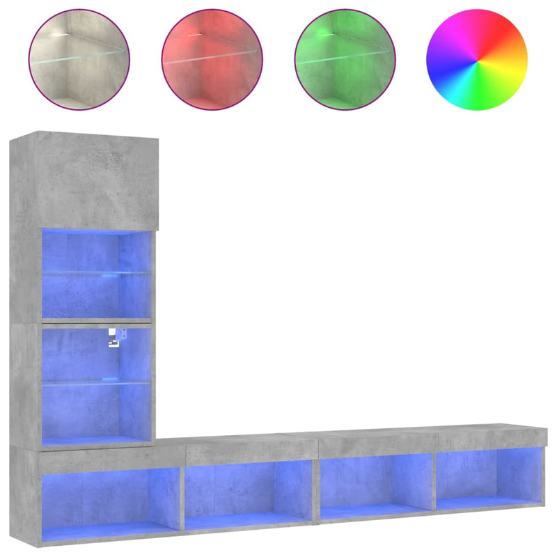 4-delige Tv-wandmeubelset met LED bewerkt hout betongrijs