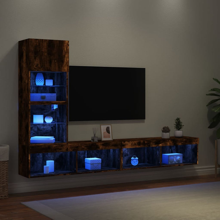 8-delige tv-wandmeubelset met LED bewerkt hout gerookt eiken