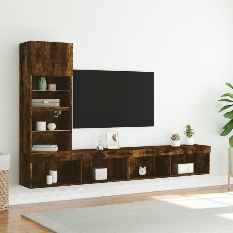 8-delige tv-wandmeubelset met LED bewerkt hout gerookt eiken