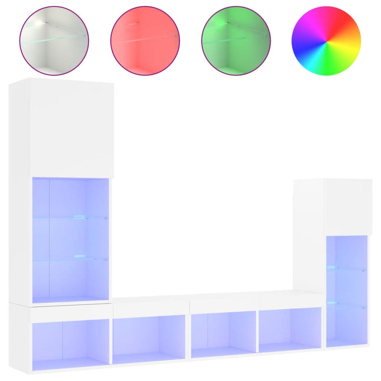 4-delige Tv-wandmeubelset met LED-verlichting bewerkt hout wit