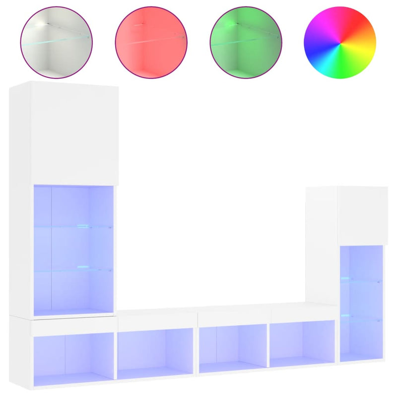 4-delige Tv-wandmeubelset met LED-verlichting bewerkt hout wit