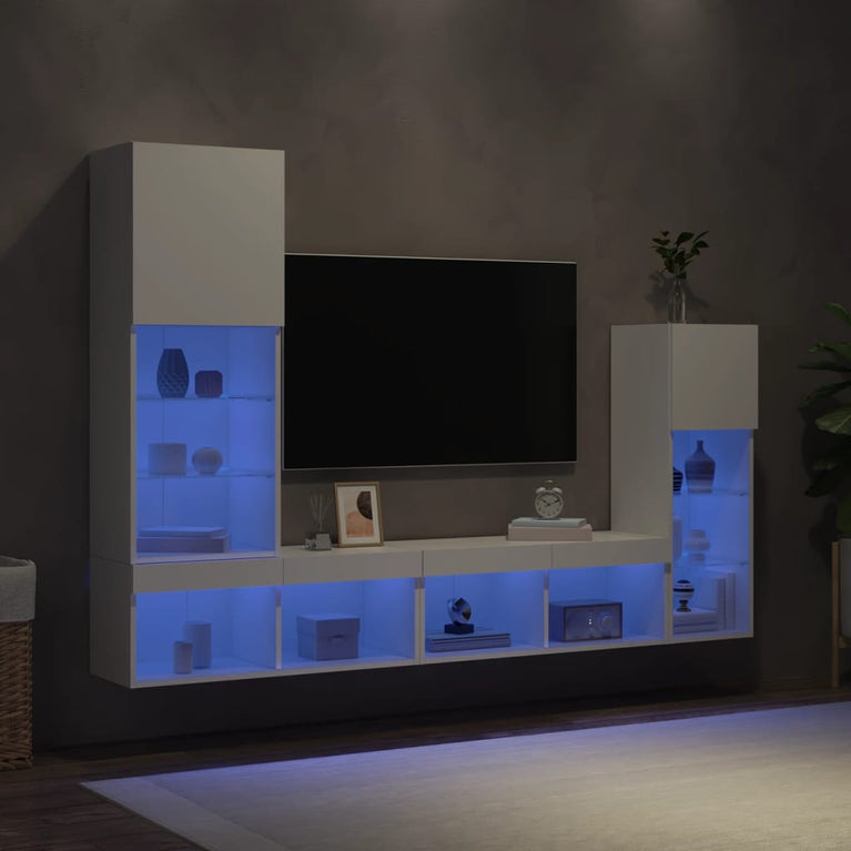 4-delige Tv-wandmeubelset met LED-verlichting bewerkt hout wit