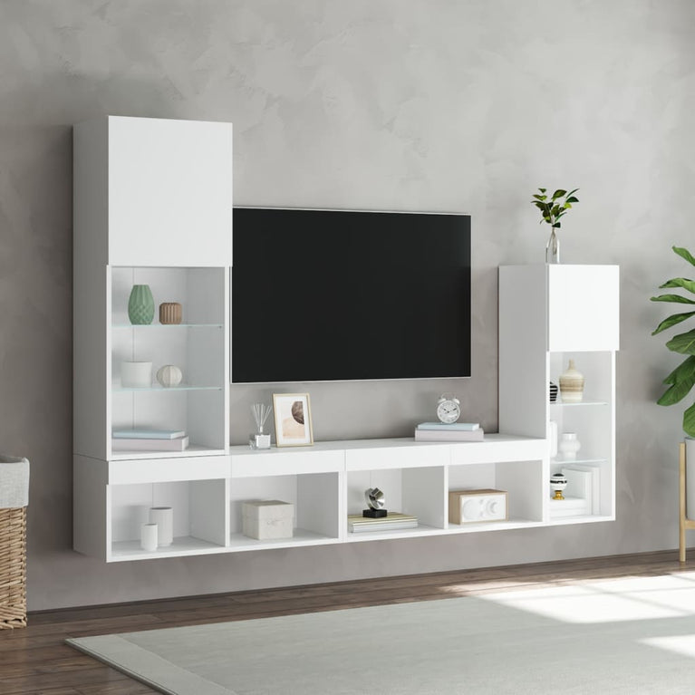 4-delige Tv-wandmeubelset met LED-verlichting bewerkt hout wit