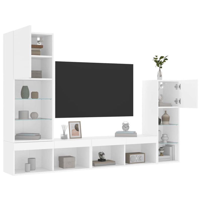 4-delige Tv-wandmeubelset met LED-verlichting bewerkt hout wit