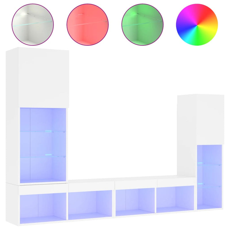 4-delige Tv-wandmeubelset met LED-verlichting bewerkt hout wit