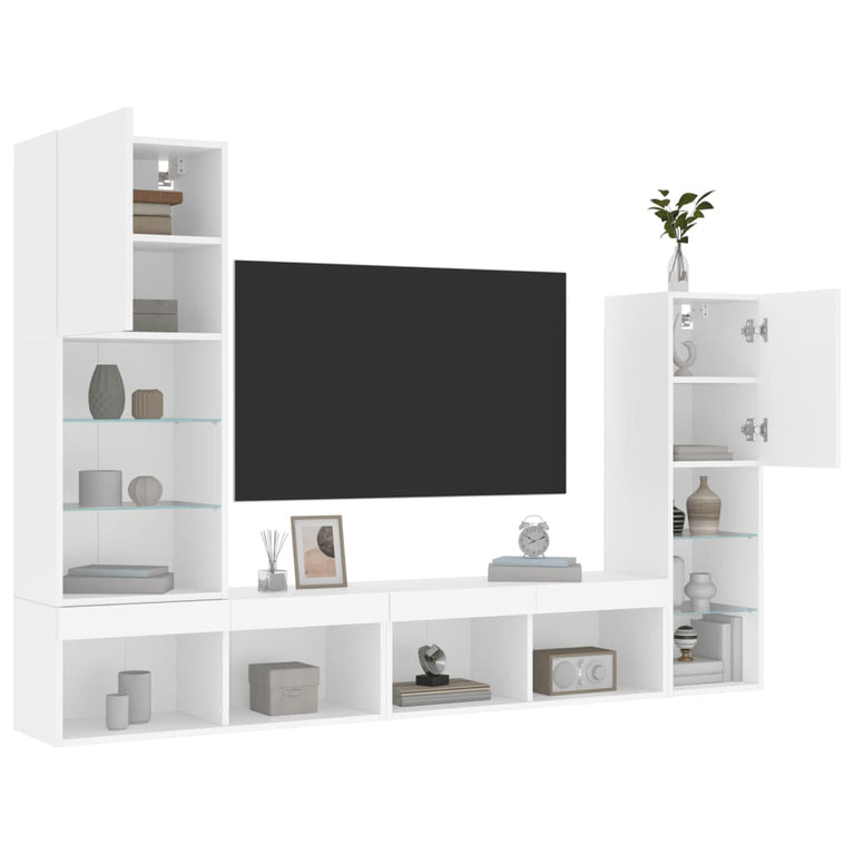 4-delige Tv-wandmeubelset met LED-verlichting bewerkt hout wit