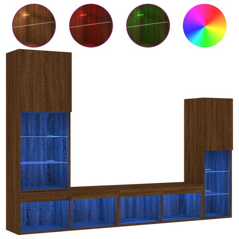 4-delige Tv-wandmeubelset met LED bewerkt hout bruineikenkleur