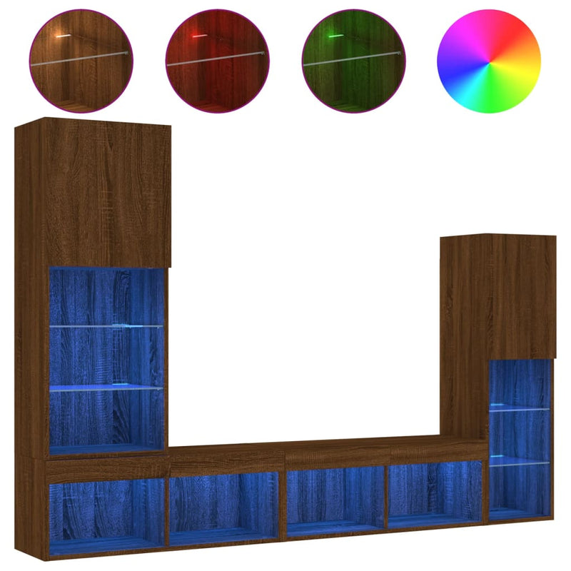 4-delige Tv-wandmeubelset met LED bewerkt hout bruineikenkleur