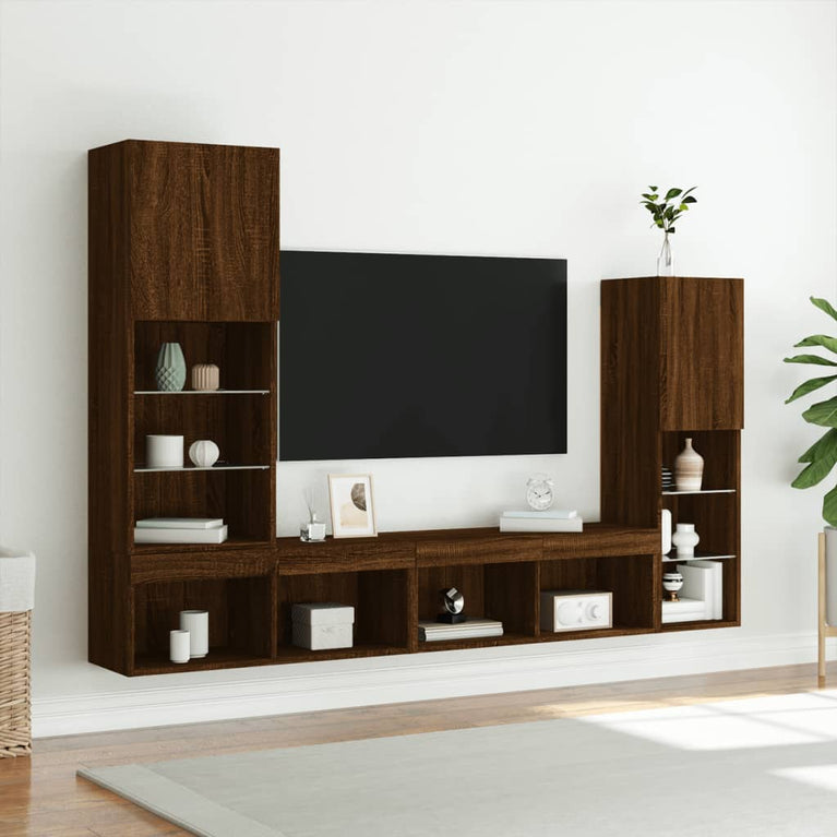 4-delige Tv-wandmeubelset met LED bewerkt hout bruineikenkleur