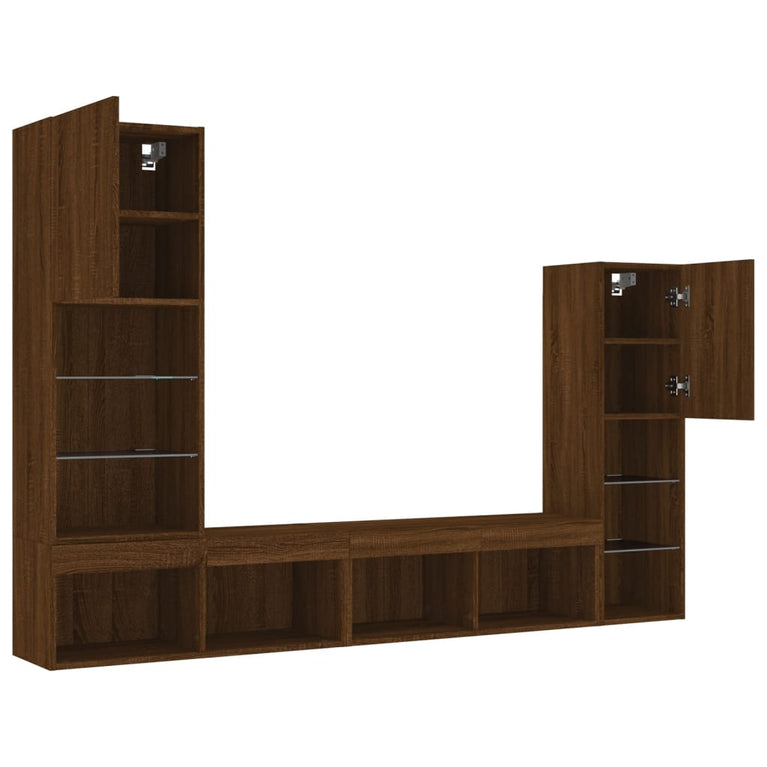 4-delige Tv-wandmeubelset met LED bewerkt hout bruineikenkleur