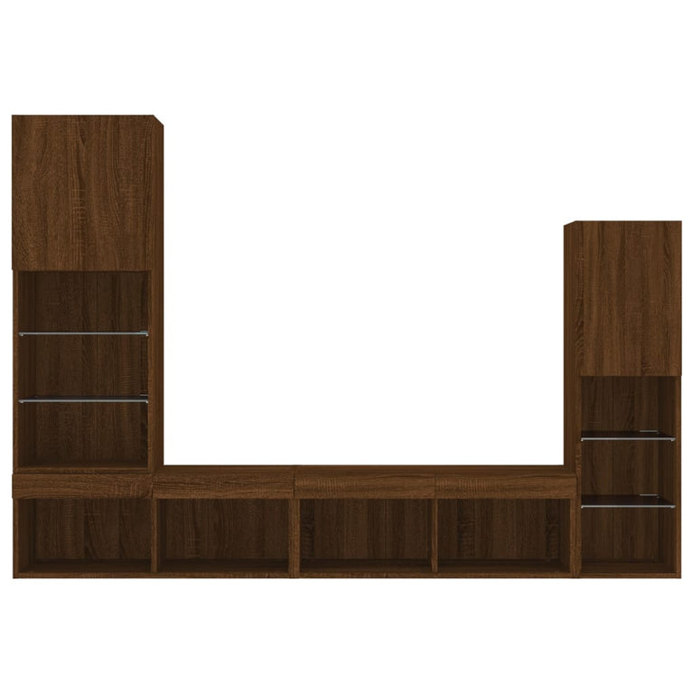 4-delige Tv-wandmeubelset met LED bewerkt hout bruineikenkleur