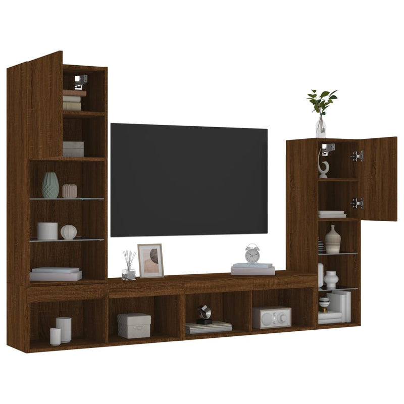 4-delige Tv-wandmeubelset met LED bewerkt hout bruineikenkleur