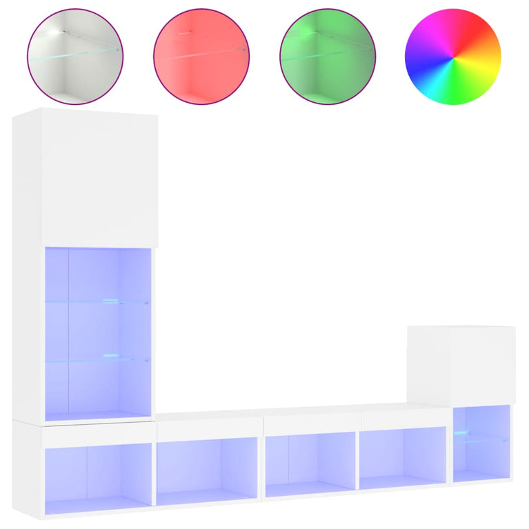 4-delige Tv-wandmeubelset met LED-verlichting bewerkt hout wit