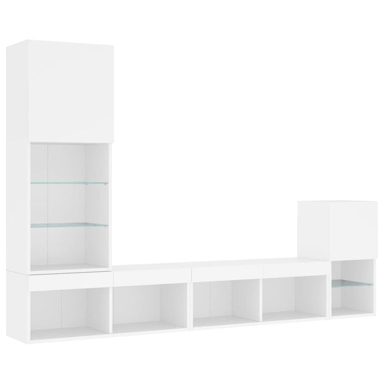 4-delige Tv-wandmeubelset met LED-verlichting bewerkt hout wit