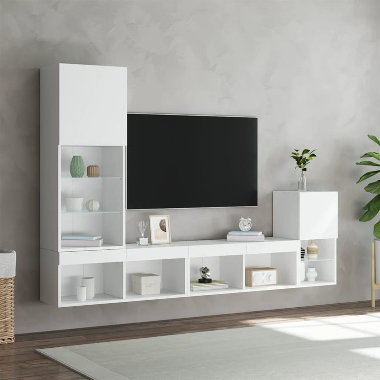 4-delige Tv-wandmeubelset met LED-verlichting bewerkt hout wit
