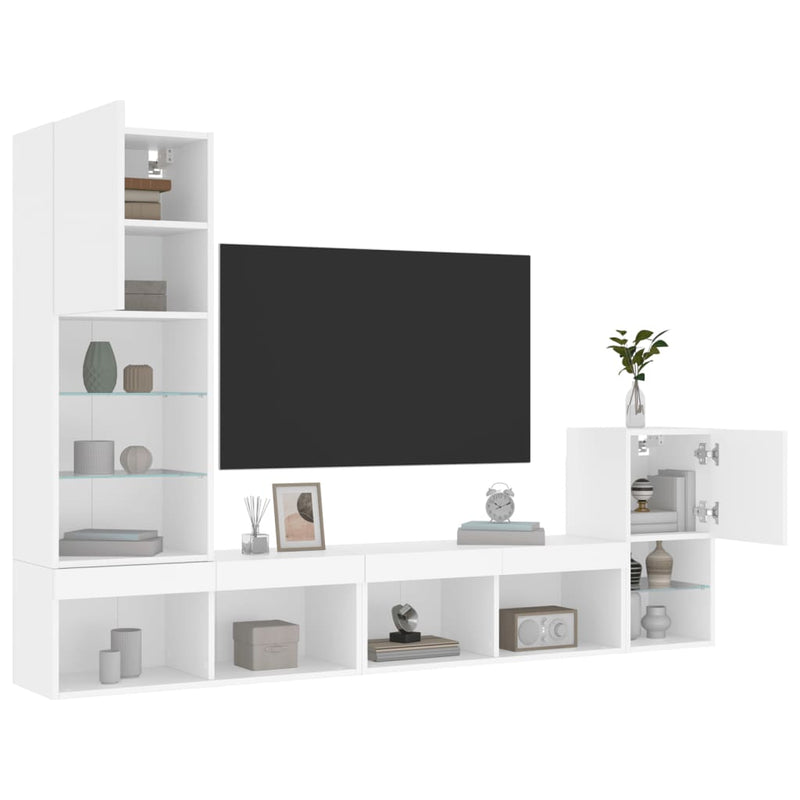 4-delige Tv-wandmeubelset met LED-verlichting bewerkt hout wit