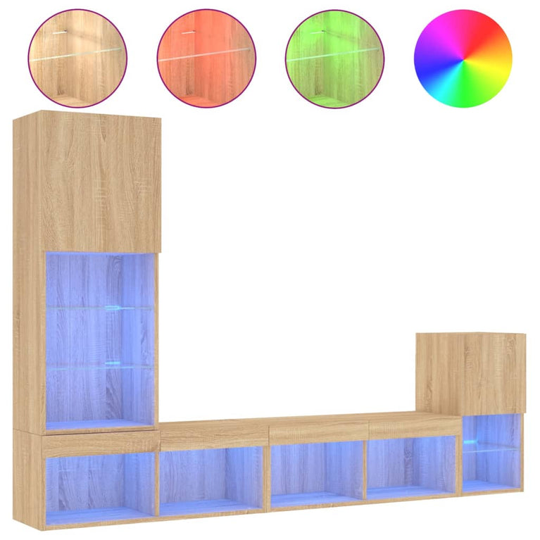 4-delige Tv-wandmeubelset met LED bewerkt hout sonoma eiken