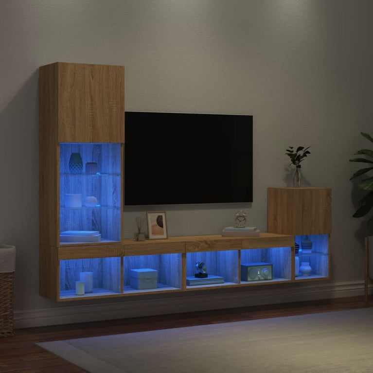 4-delige Tv-wandmeubelset met LED bewerkt hout sonoma eiken