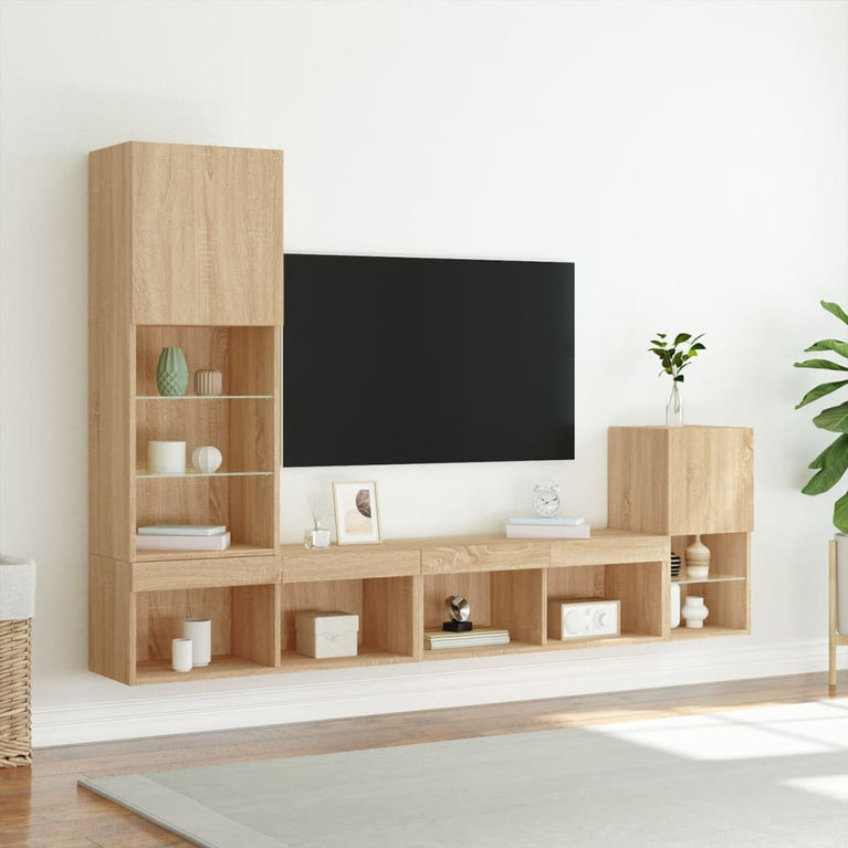 4-delige Tv-wandmeubelset met LED bewerkt hout sonoma eiken
