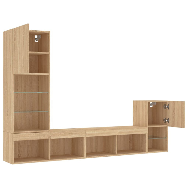 4-delige Tv-wandmeubelset met LED bewerkt hout sonoma eiken