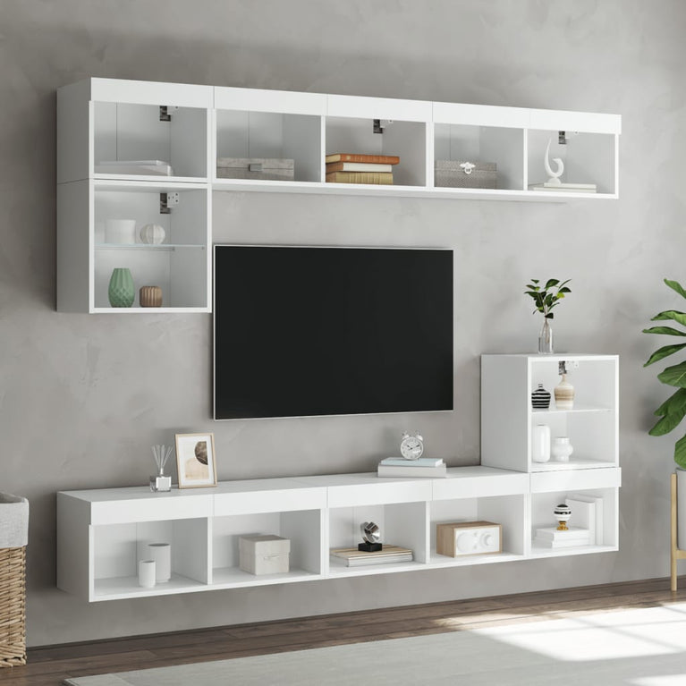 8-delige Tv-wandmeubelset met LED-verlichting bewerkt hout wit