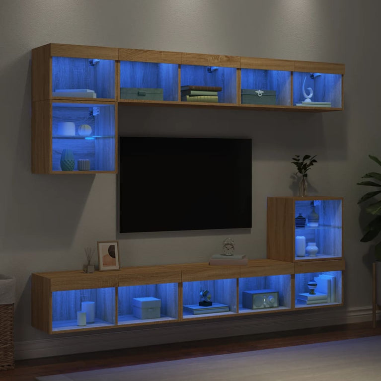 8-delige Tv-wandmeubelset met LED bewerkt hout sonoma eiken