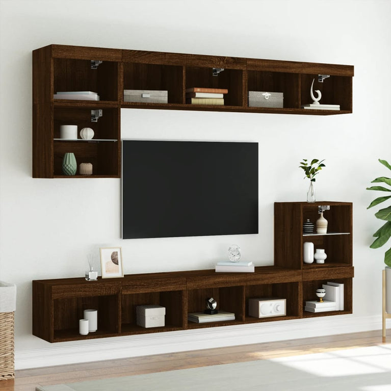 8-delige Tv-wandmeubelset met LED bewerkt hout bruineikenkleur