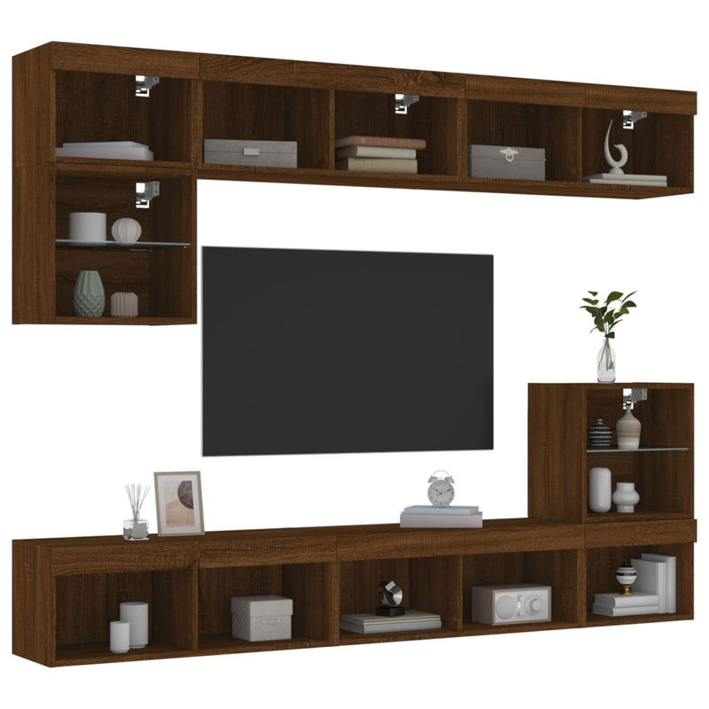 8-delige Tv-wandmeubelset met LED bewerkt hout bruineikenkleur