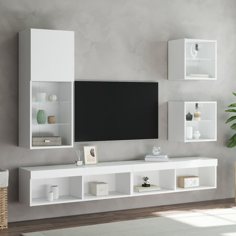 5-delige Tv-wandmeubelset met LED-verlichting bewerkt hout wit