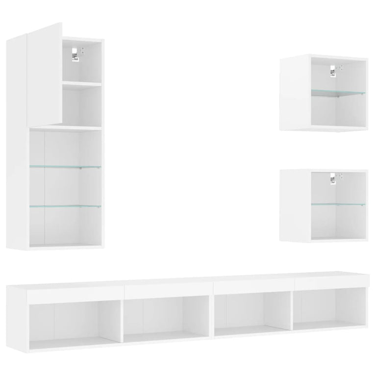 5-delige Tv-wandmeubelset met LED-verlichting bewerkt hout wit