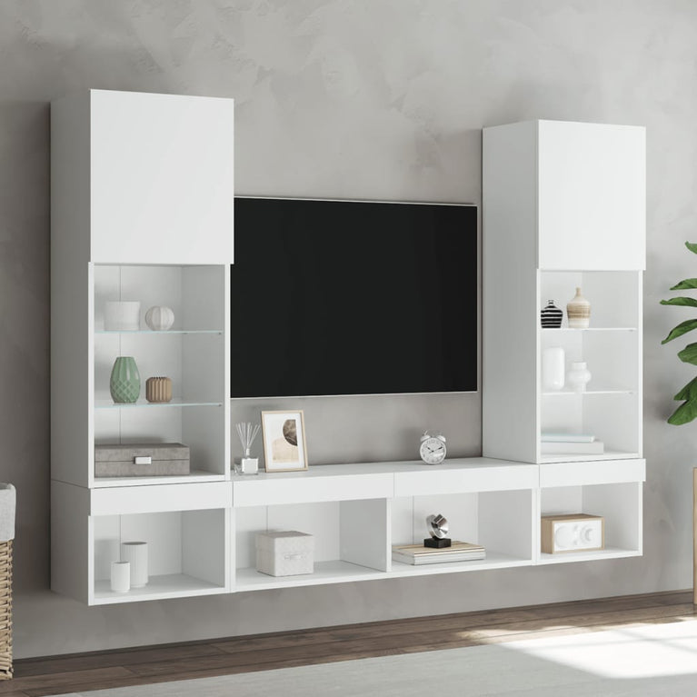 5-delige Tv-wandmeubelset met LED-verlichting bewerkt hout wit