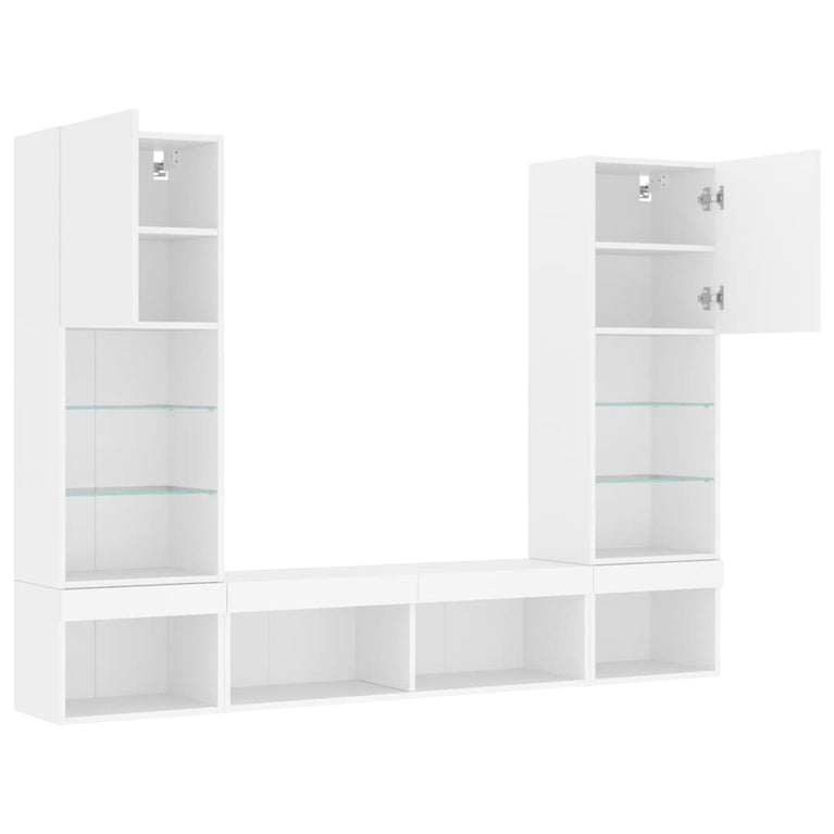 5-delige Tv-wandmeubelset met LED-verlichting bewerkt hout wit