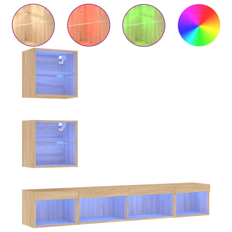5-delige Tv-wandmeubelset met LED bewerkt hout sonoma eiken