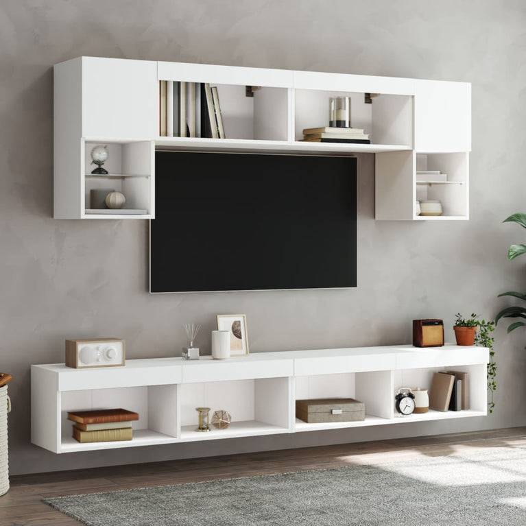 6-delige Tv-wandmeubelset met LED-verlichting bewerkt hout wit