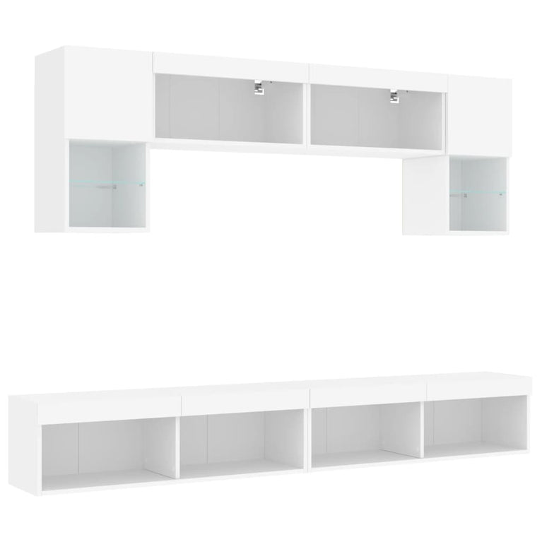 6-delige Tv-wandmeubelset met LED-verlichting bewerkt hout wit
