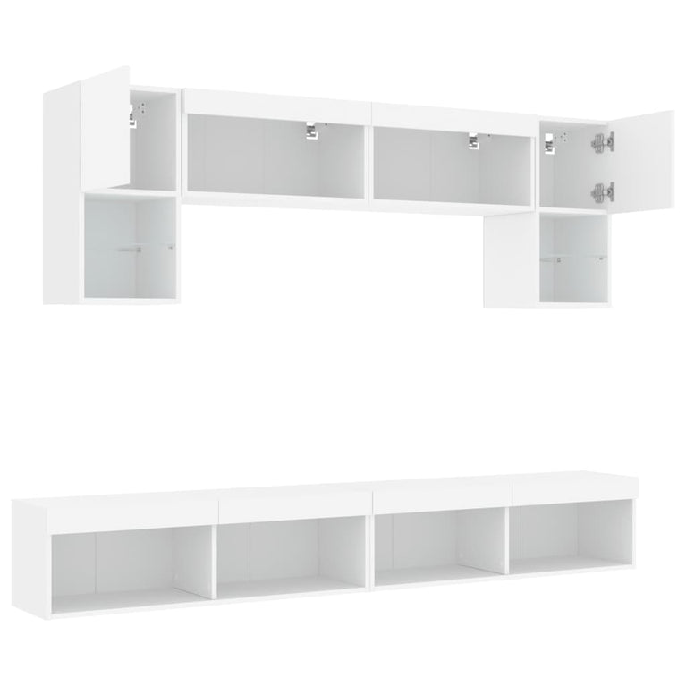 6-delige Tv-wandmeubelset met LED-verlichting bewerkt hout wit