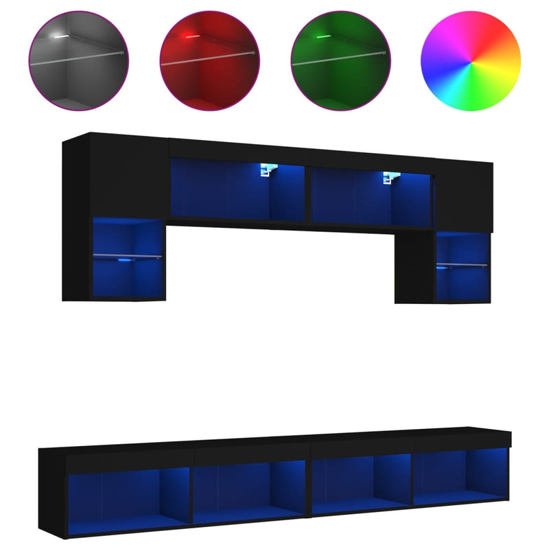 6-delige Tv-wandmeubelset met LED bewerkt hout zwart