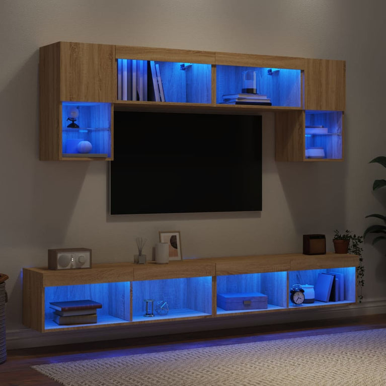 6-delige Tv-wandmeubelset met LED bewerkt hout sonoma eiken