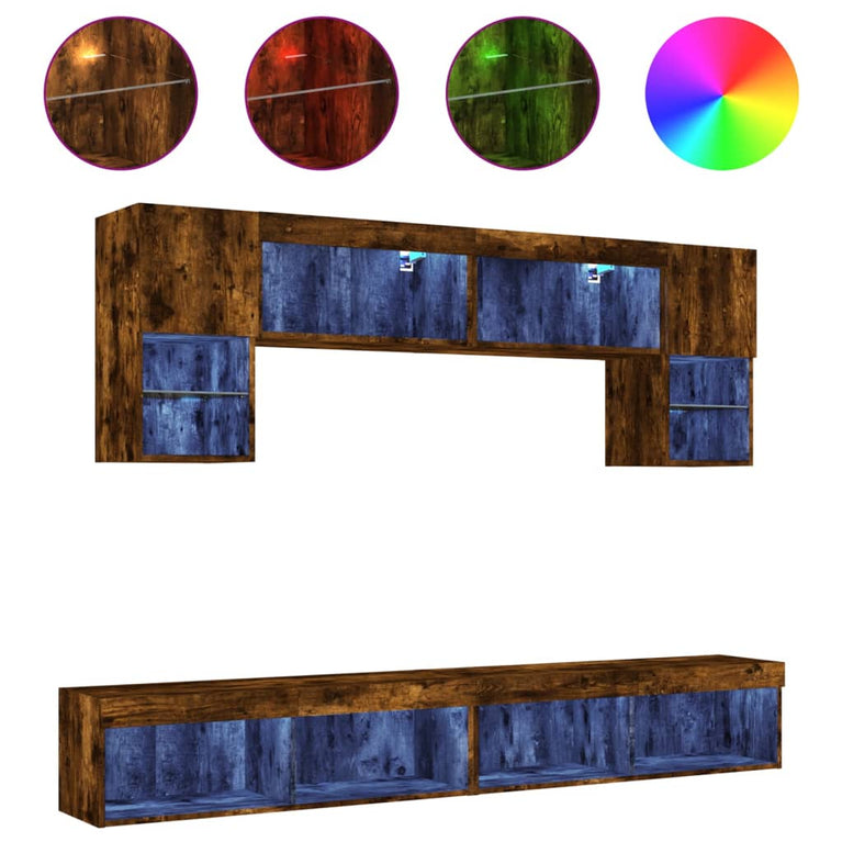 6-delige tv-wandmeubelset met LED bewerkt hout gerookt eiken